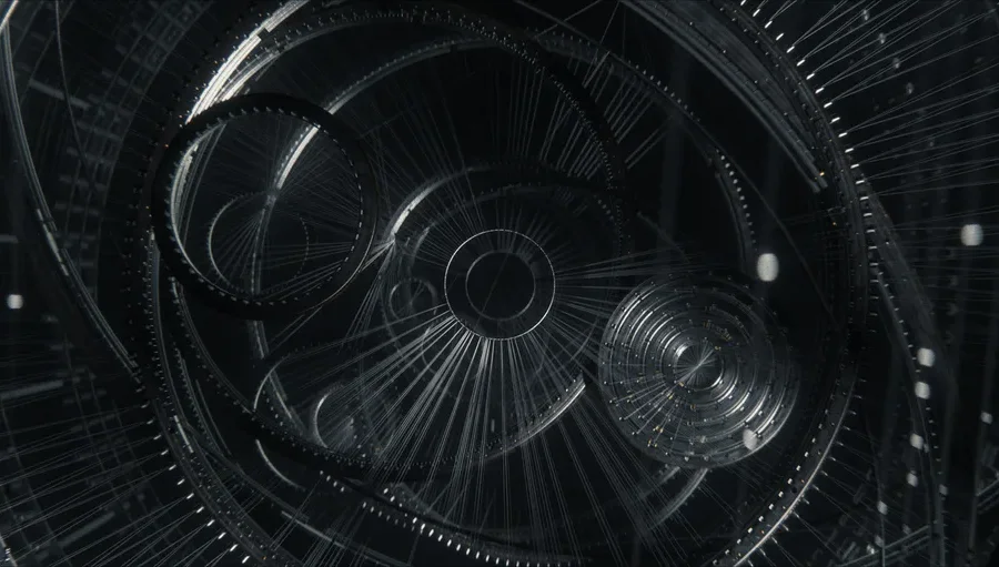 Dark monochrome frame of concentric mechanical rings and radiating threads, from the OFFF Barcelona 2018 title sequence