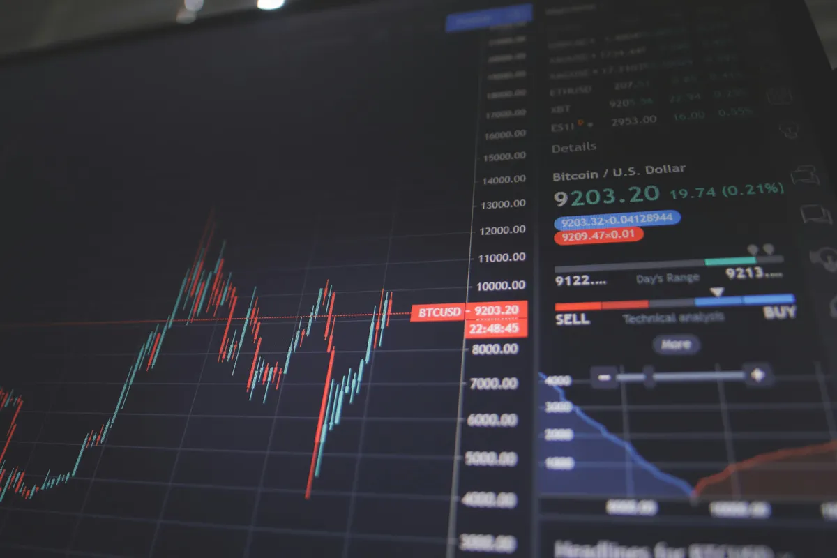 Trading terminal screen showing a bitcoin candlestick chart alongside live price and buy/sell details