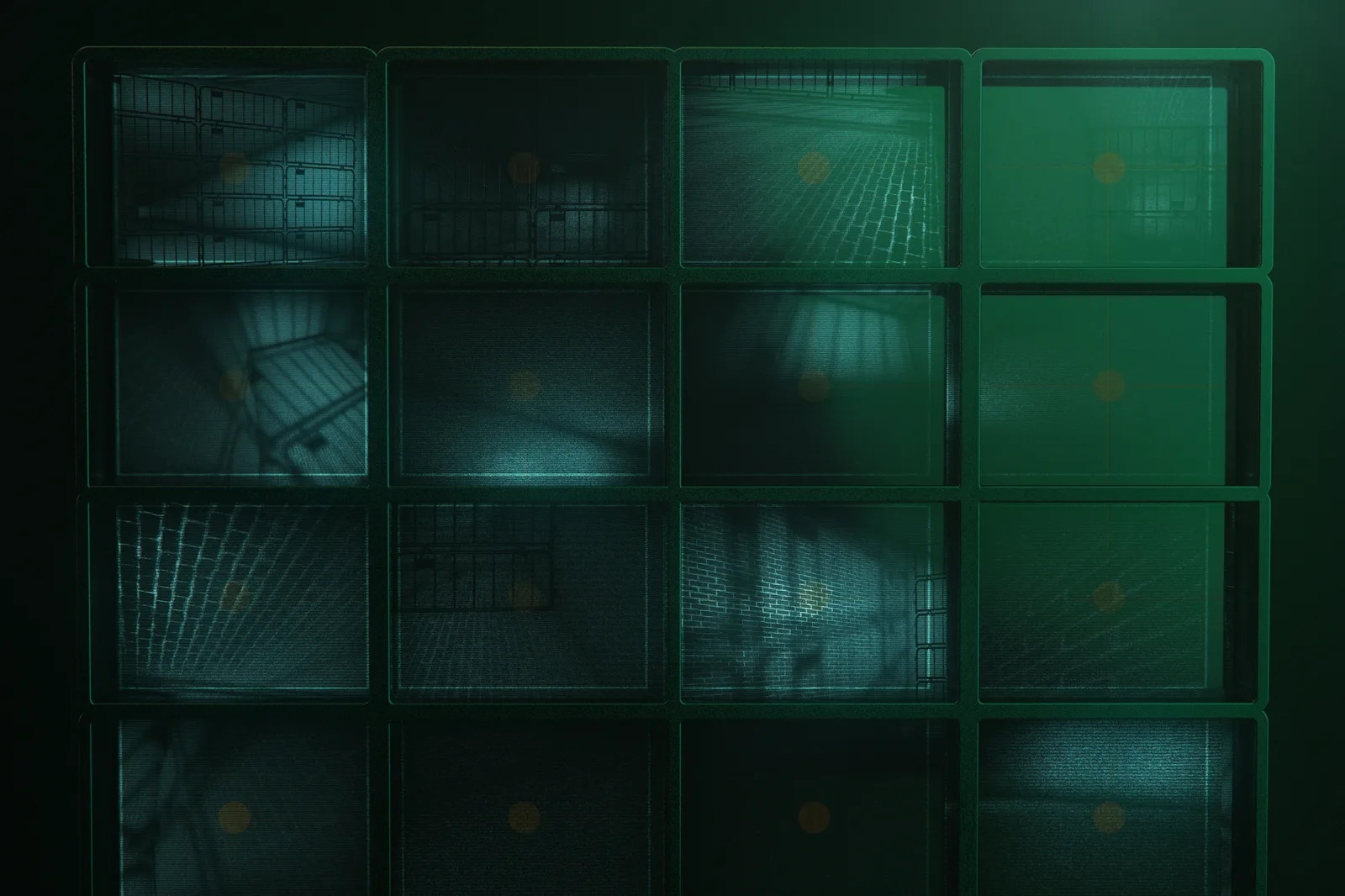 A wall of dark monitor panels arranged in a grid, each showing a faint variation