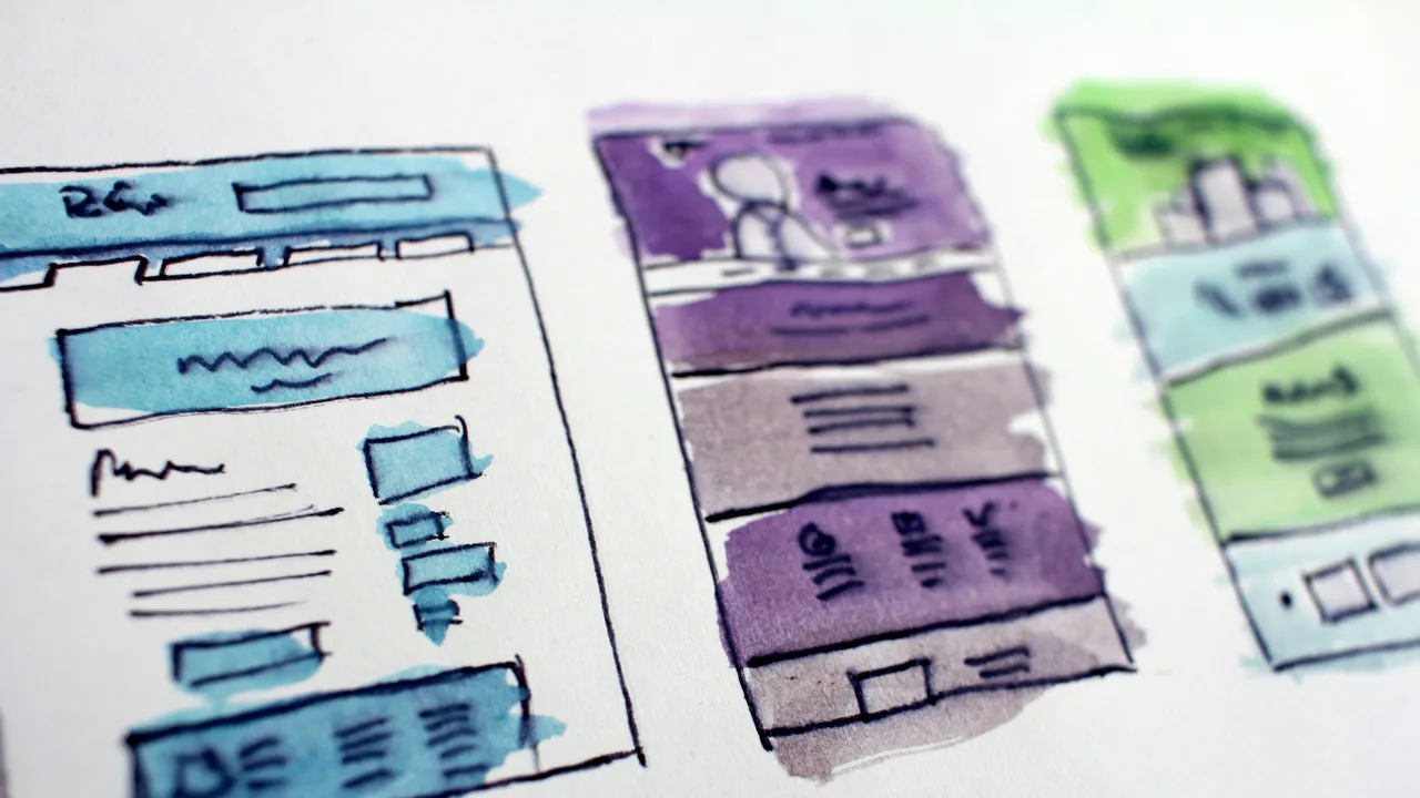 Hand-drawn watercolor wireframe sketches of website layouts showing visual hierarchy and structure