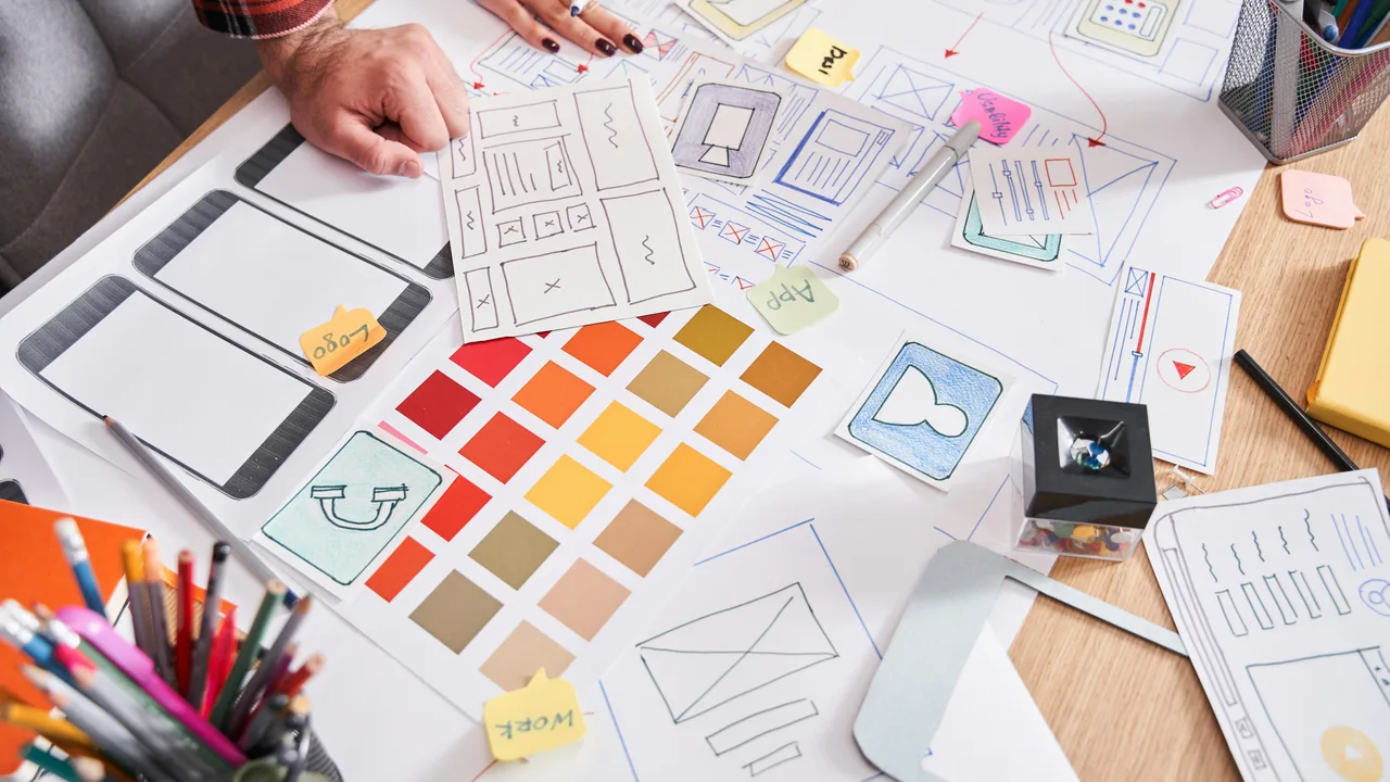 A UI/UX design desk with app wireframes, mockups, and color swatches for comparing design tools