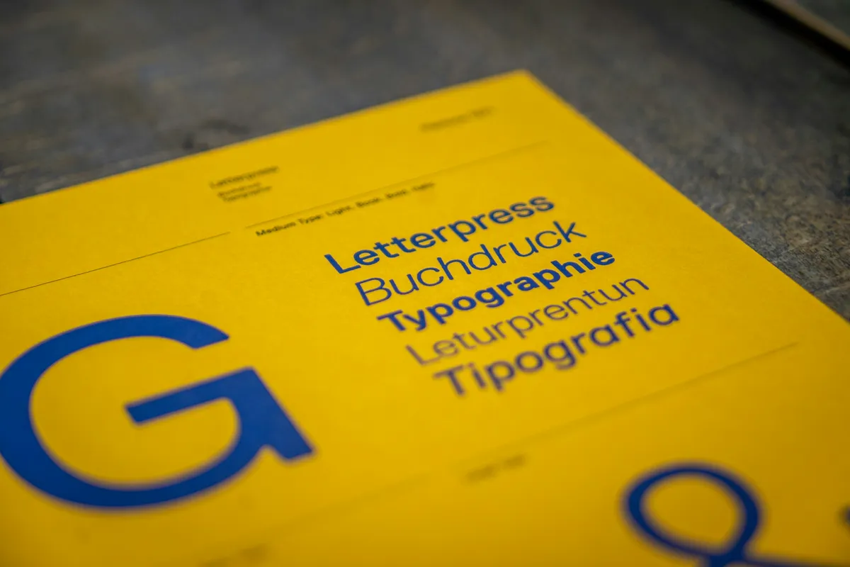 A dense print test chart of registration marks and type samples