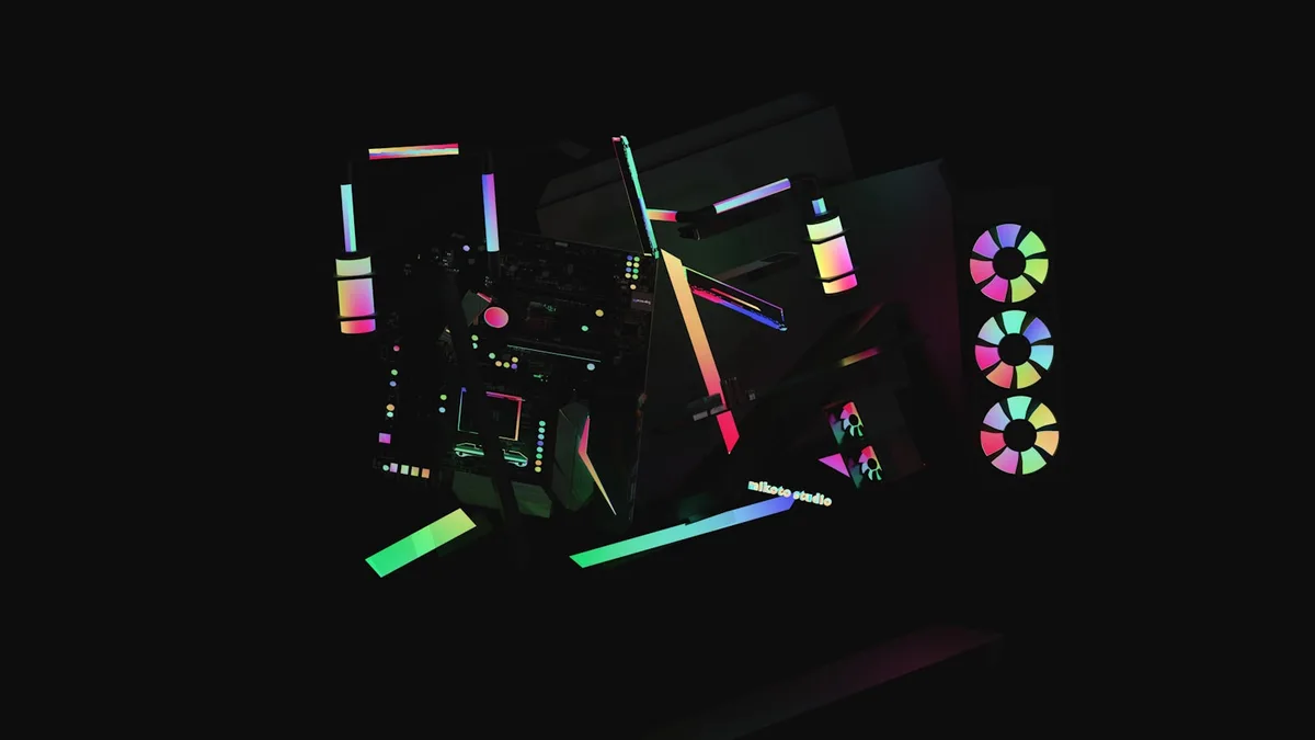 Neon geometric generative shapes glowing on a dark background