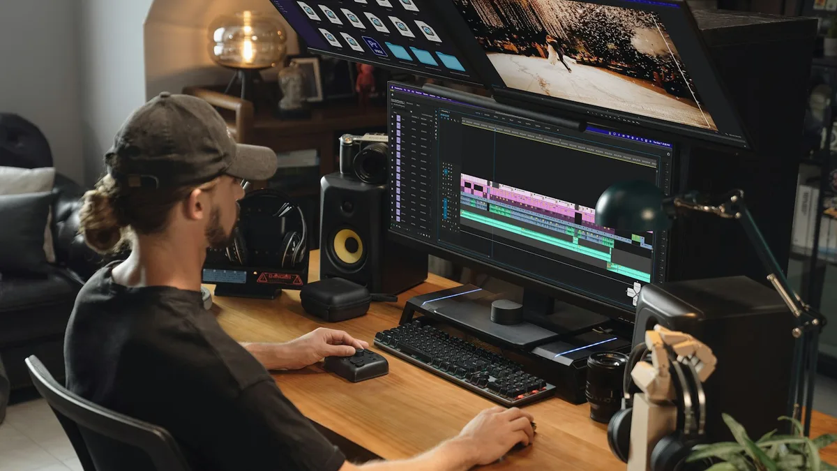 Editor working on video timeline software at a workstation