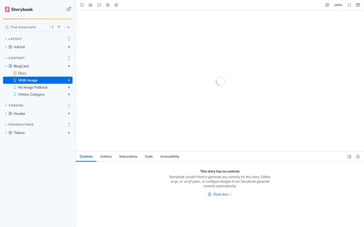 A BlogCard story rendered with real brand styling beside the Controls panel listing its props