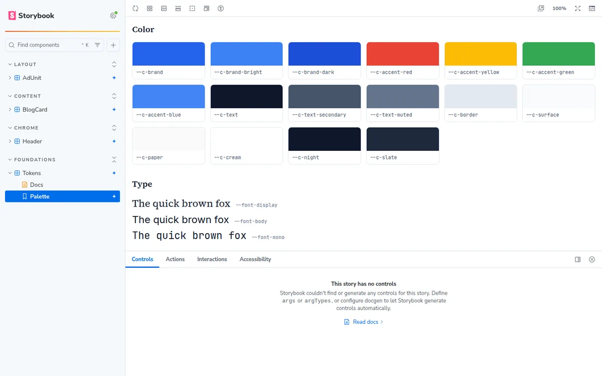 Storybook Foundations page showing this blog's palette and type stacks from its own token file