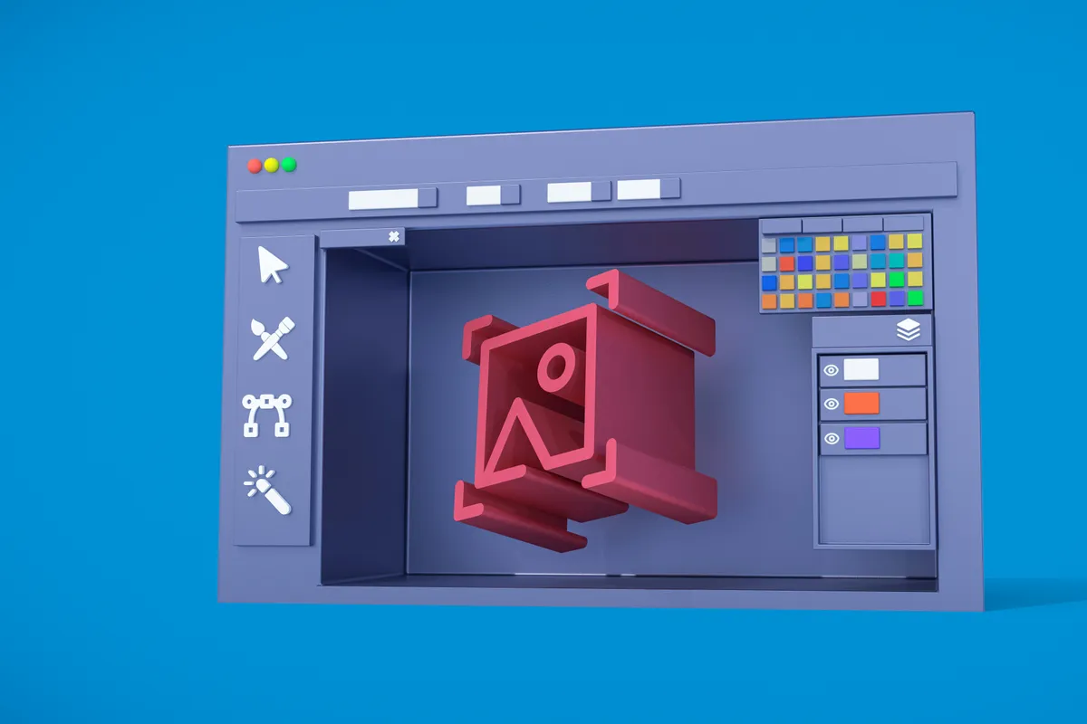 A 3D render of a design application window with a toolbar and a red extruded shape