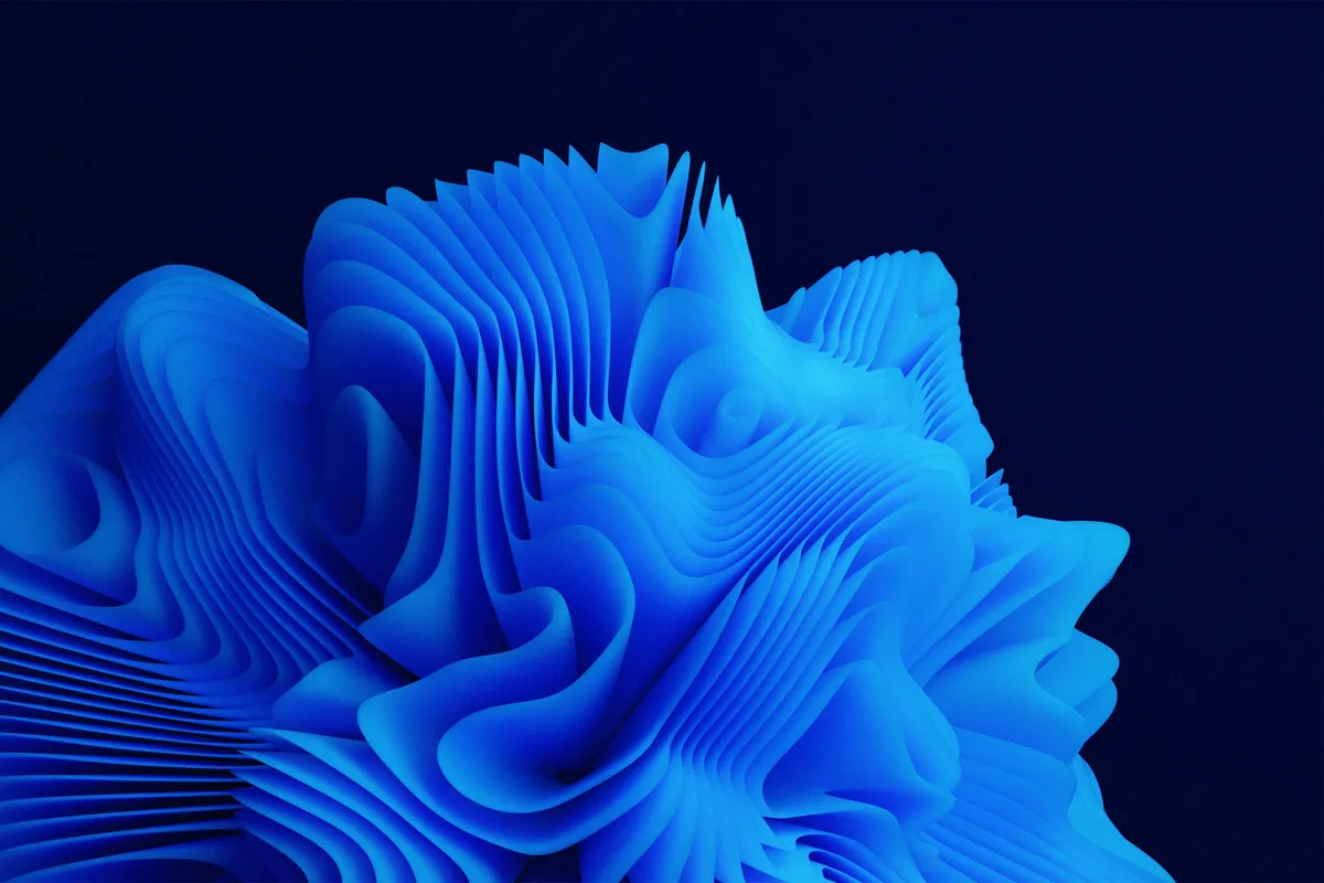 Layered blue ribbons curving through each other against a dark background