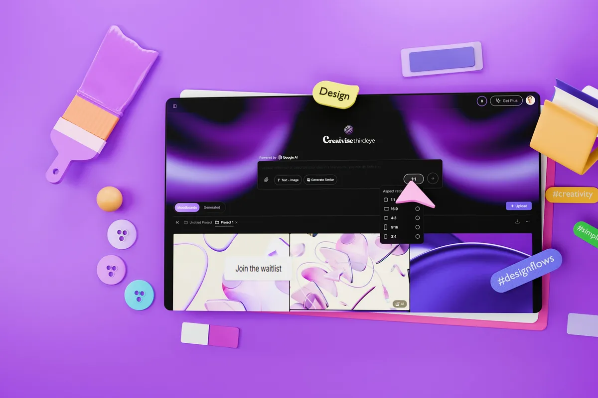 Interface panels and design elements floating over a purple field