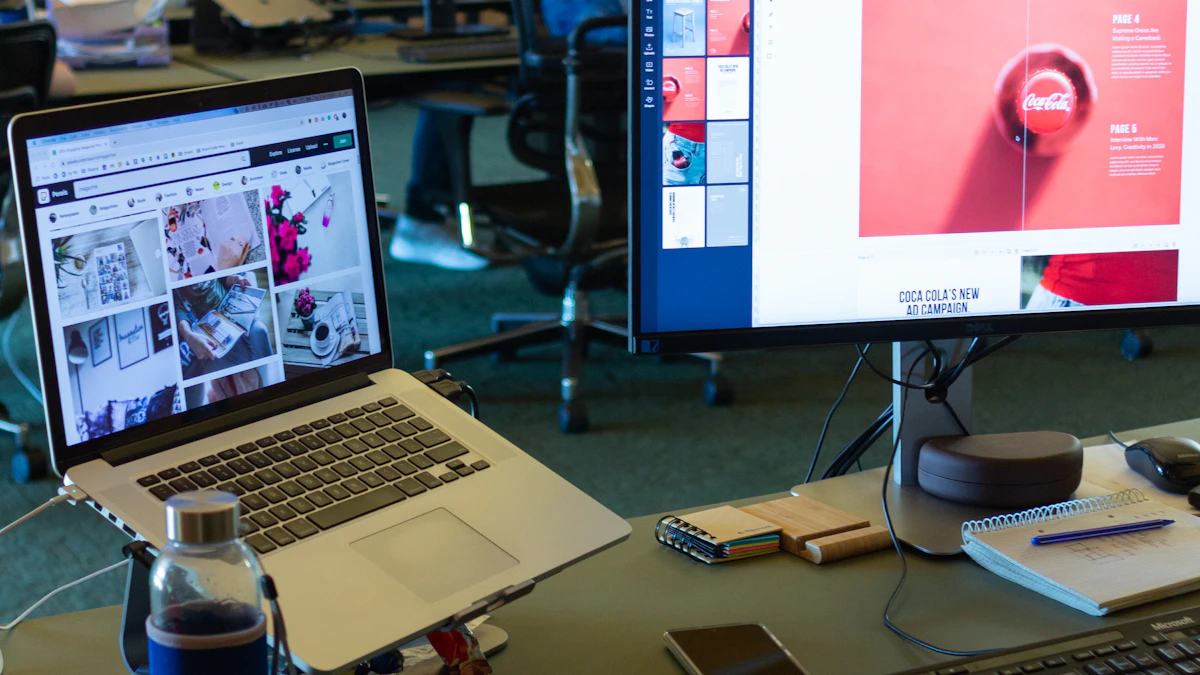 A designer workspace with a laptop and dual monitors set up for AI-assisted design work