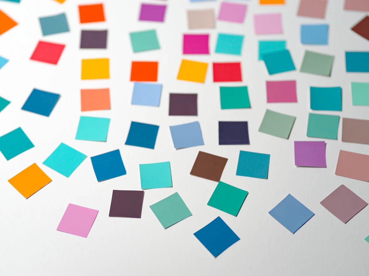 A white table covered with lots of small squares of coloured paper