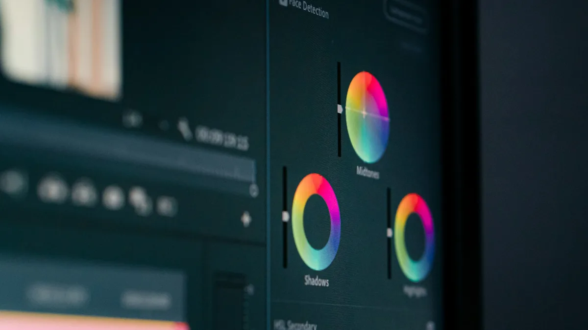 Dark-themed editing dashboard interface on a monitor