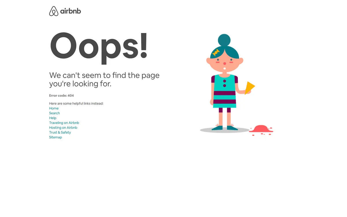 Airbnb 404 page: a huge Oops headline, seven helpful links, and an illustration of someone dropping something