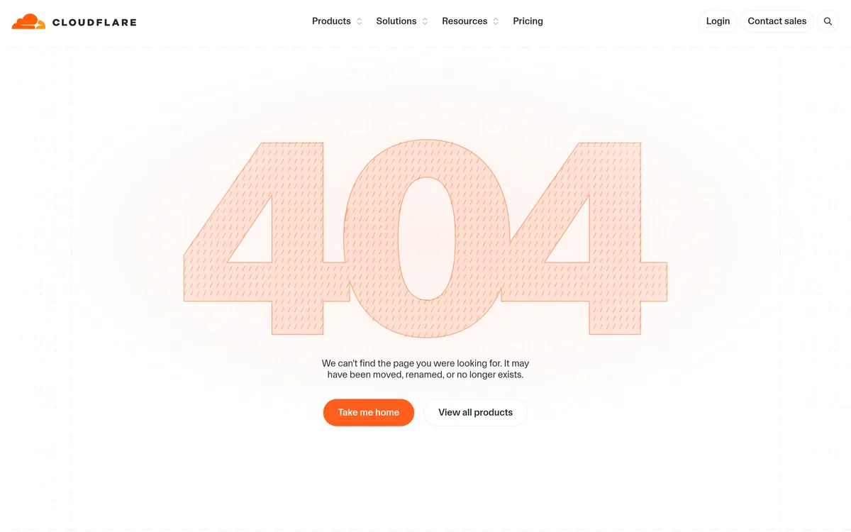 Cloudflare 404 page: a large outlined 404, a line saying the page may have moved, and two buttons