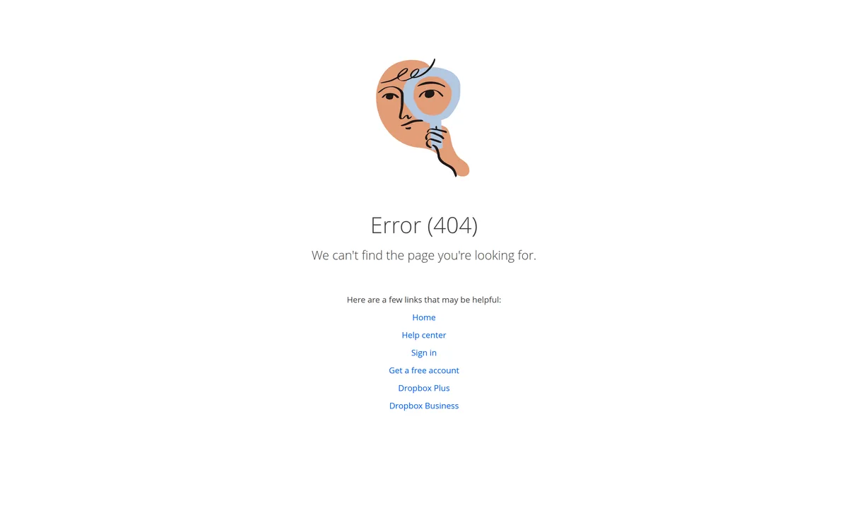 Dropbox 404 page: a face with a magnifying glass, an Error 404 heading, and six stacked links