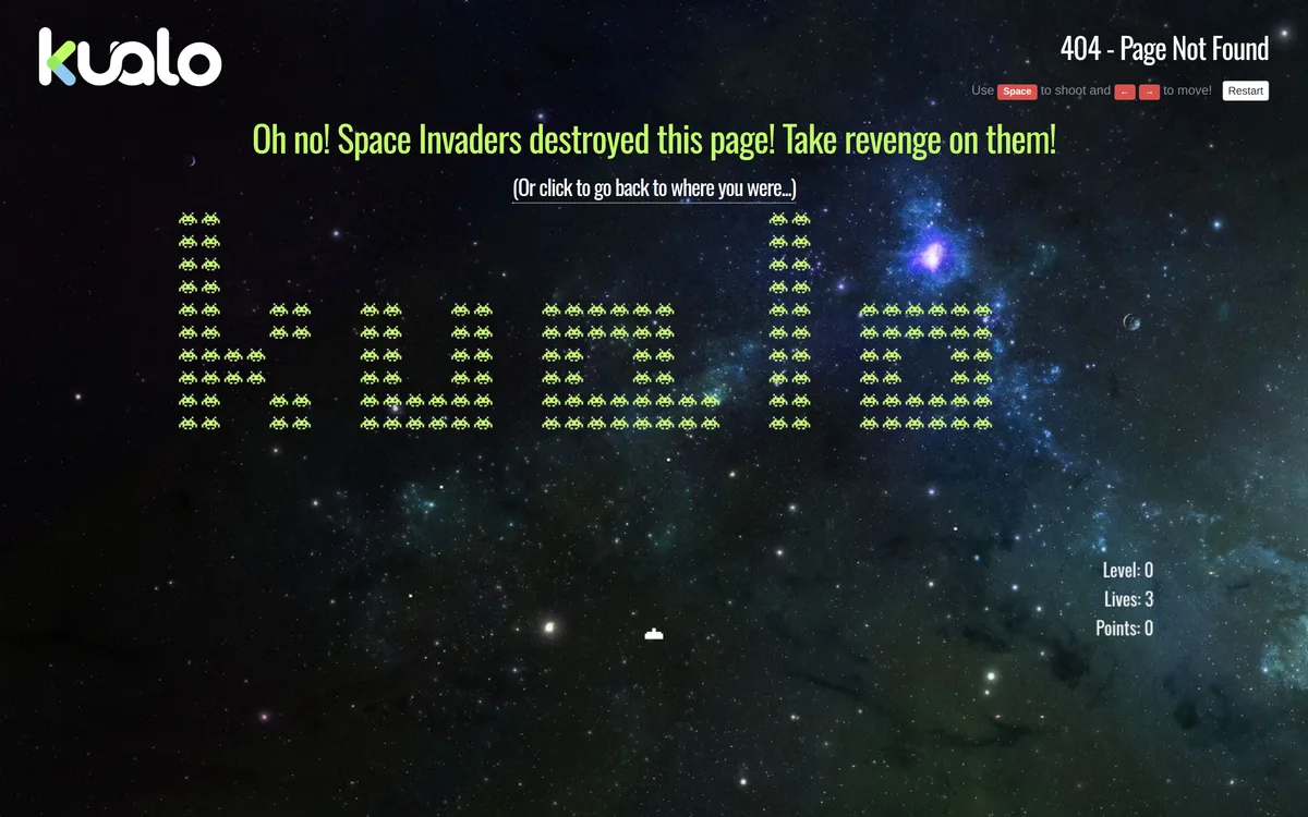 Kualo 404 page rendering a playable Space Invaders game against a starfield where the alien sprites spell out the word kualo