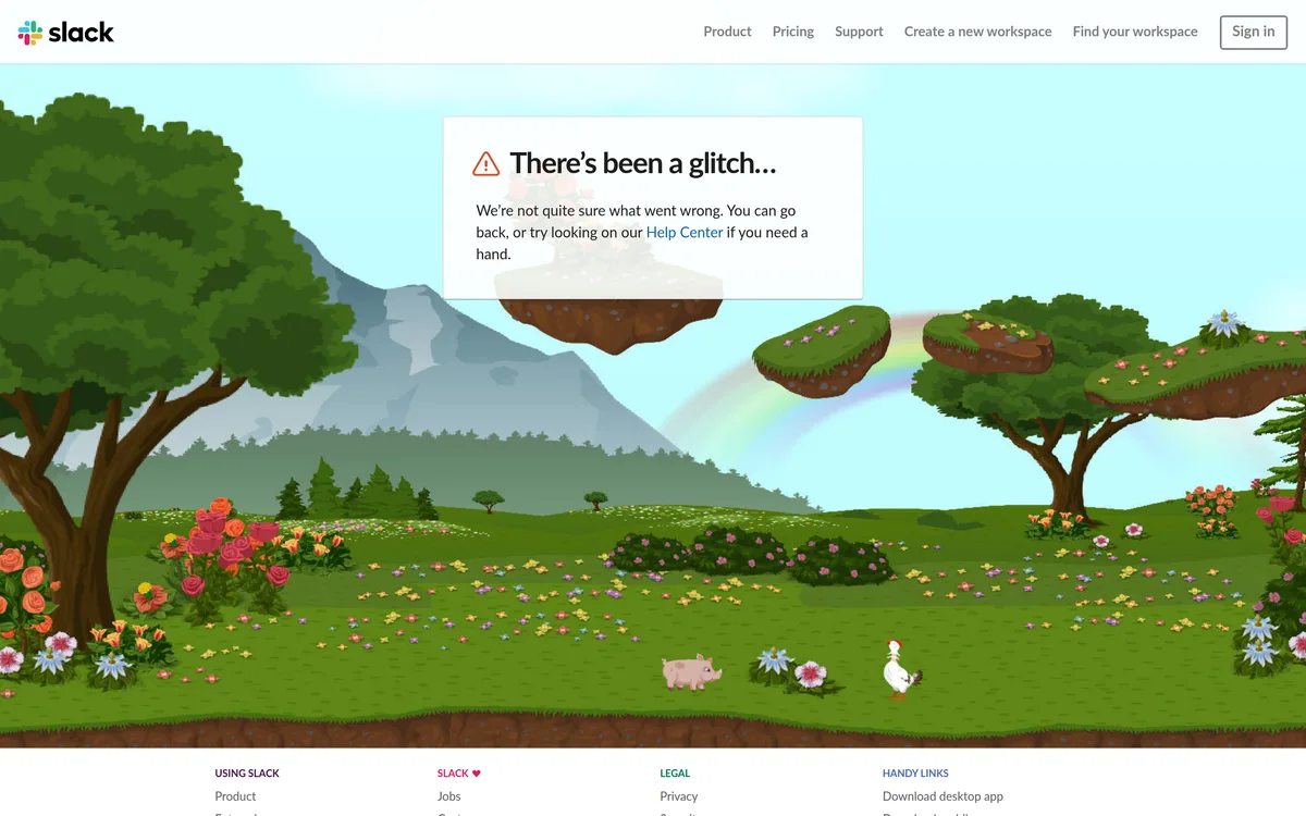 Slack error page: pastel floating islands and a rainbow behind a card reading theres been a glitch