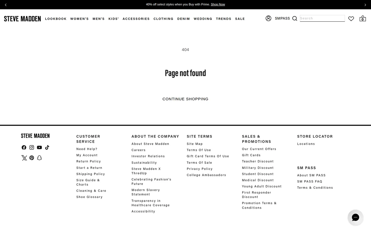Steve Madden 404 page: full store navigation and footer wrapped around a minimal page not found block