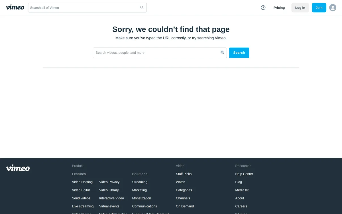 Vimeo 404 page: a sorry we couldnt find that page headline above a wide search field