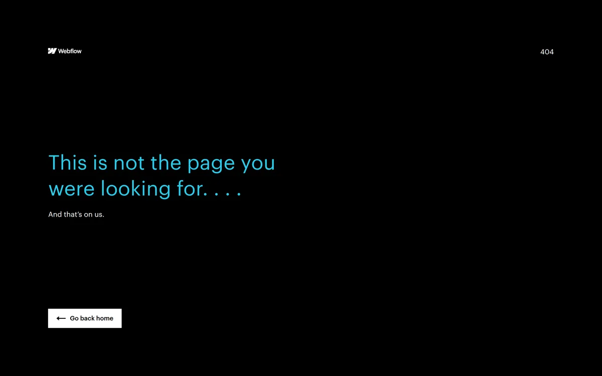 Webflow 404 page: a cyan headline on black saying this is not the page you were looking for