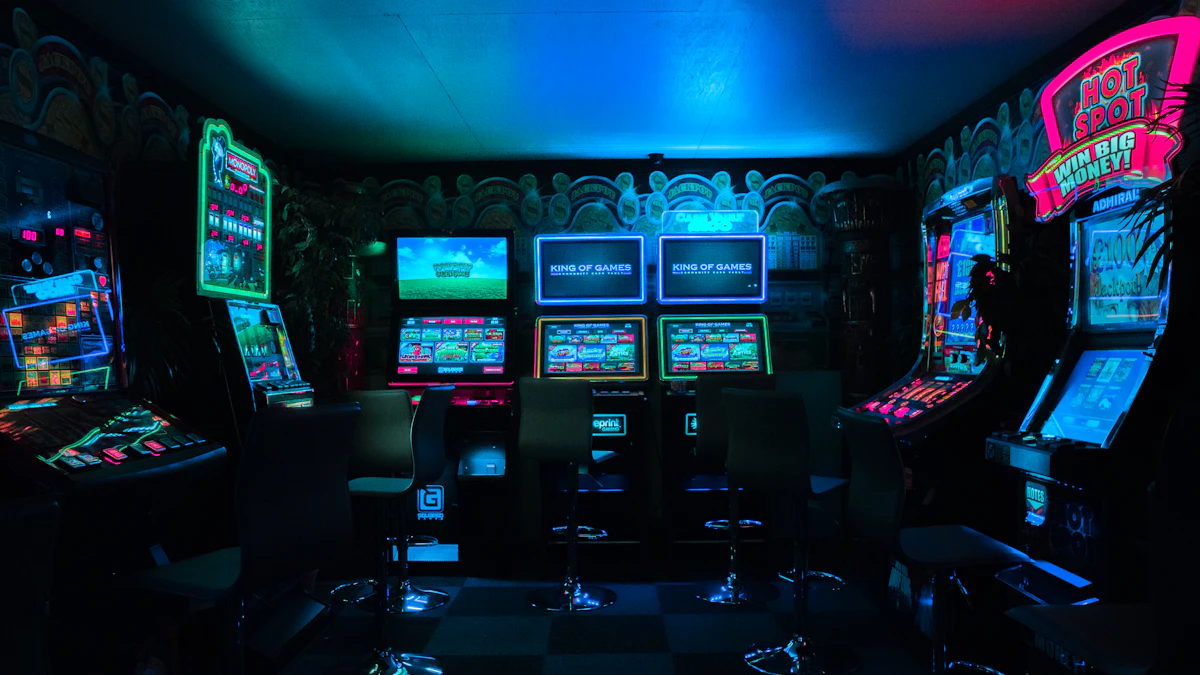 Colorful retro arcade room lit by neon cabinet screens and signage