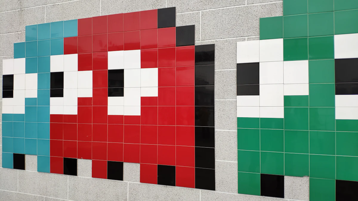 Blue red and green Pac-Man characters painted as pixel wall art