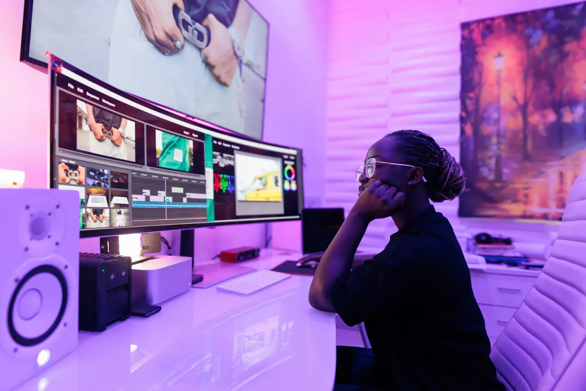 A person working at a desk under a wash of purple light