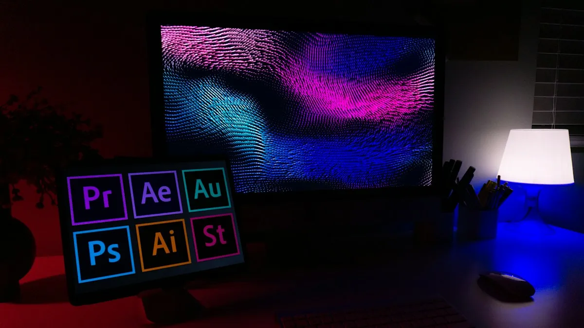 Adobe icons on a small display by a monitor of pink /blog/motion-graphics-product-design-guide/ waves