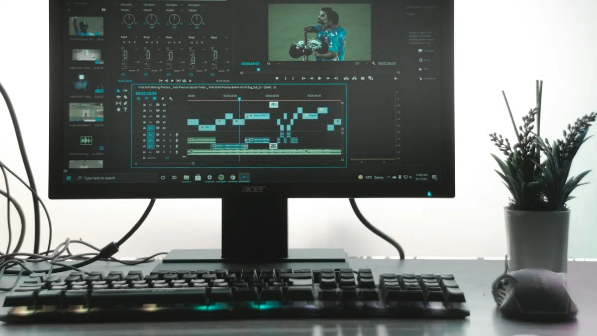 Video editing timeline open on a monitor above a keyboard on a white desk