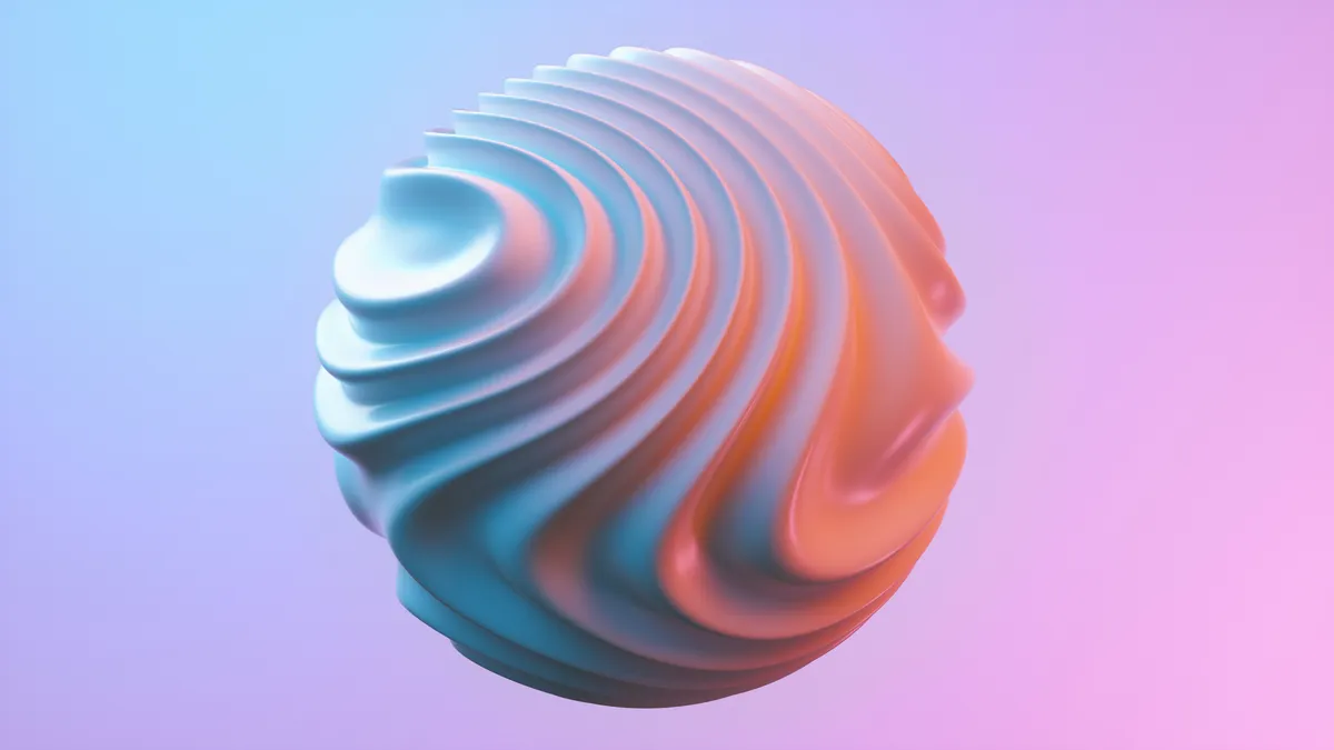 Smooth 3D sphere with swirling ridges in blue, pink and orange against a soft gradient background