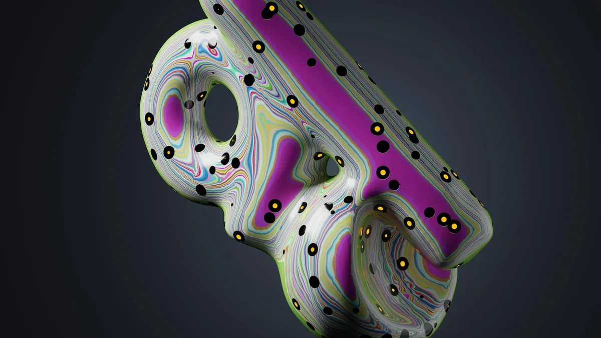 Abstract 3D motion graphics render in purple and black on a dark background
