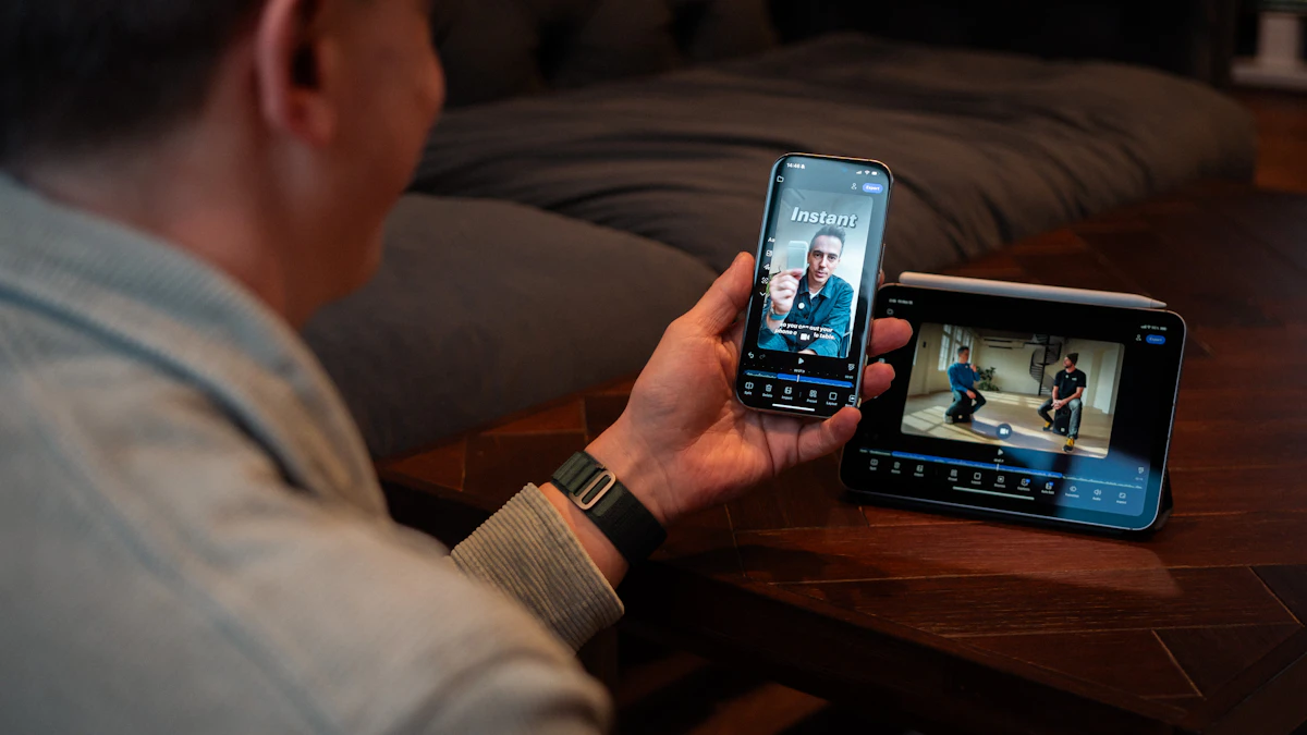 Person holding a phone watching vertical video content on the screen