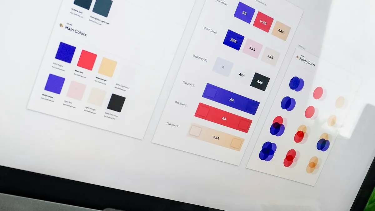Design system color sheets showing AA and AAA contrast labels for a UI palette