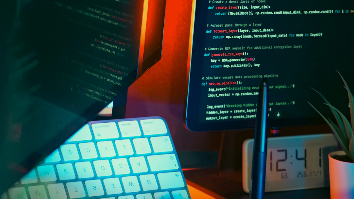 A developer workspace with source code on screen, reflecting Penpot's code-friendly output