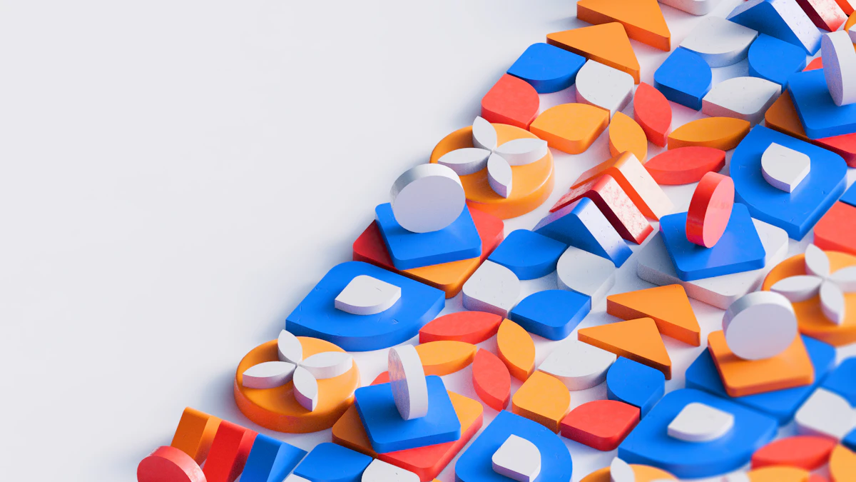 Colorful 3D geometric shapes arranged in a playful design composition