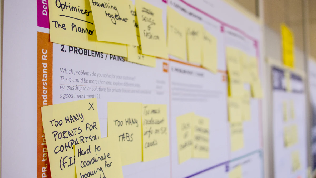 A planning board covered in printed wireframe cards and sticky notes for UX ideation