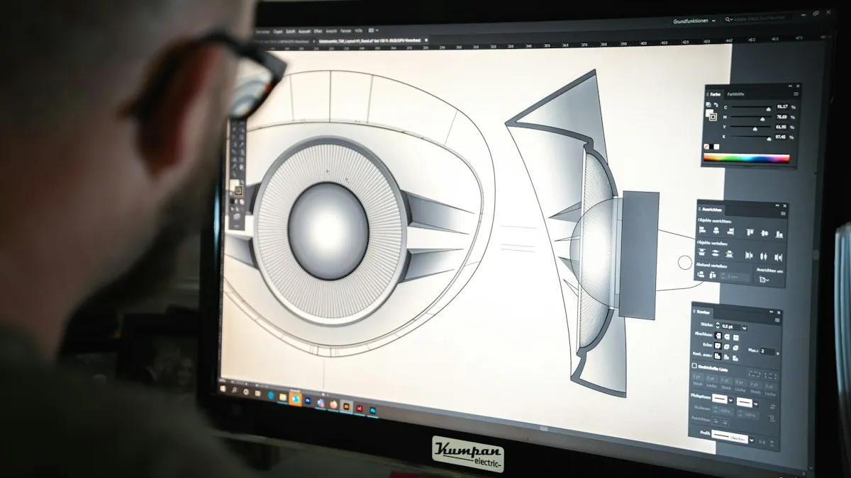 Over-the-shoulder view of a designer editing a vector illustration of a round mechanism on a monitor