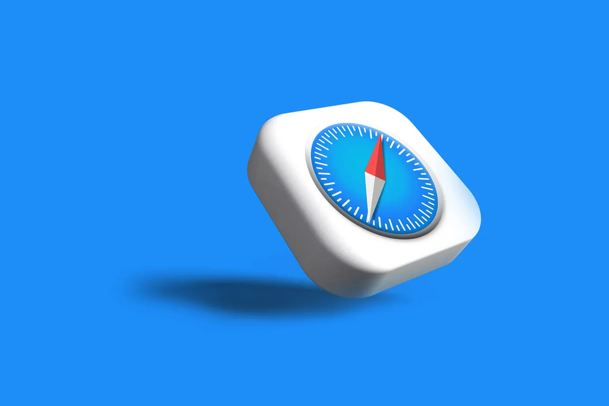3D render of the Safari browser compass icon tilted on a plain blue background