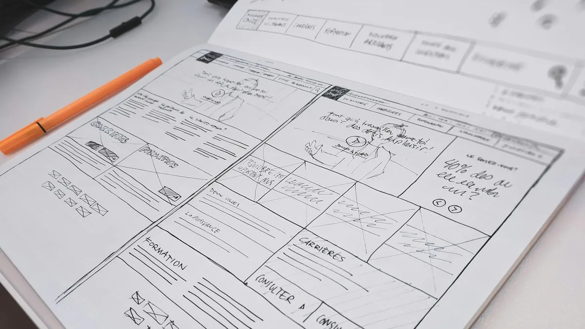 A hand-drawn website wireframe sketched in orange pen on paper while committing a layout