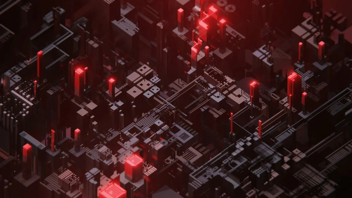 Bold red 3D displacement motion-graphics still frame