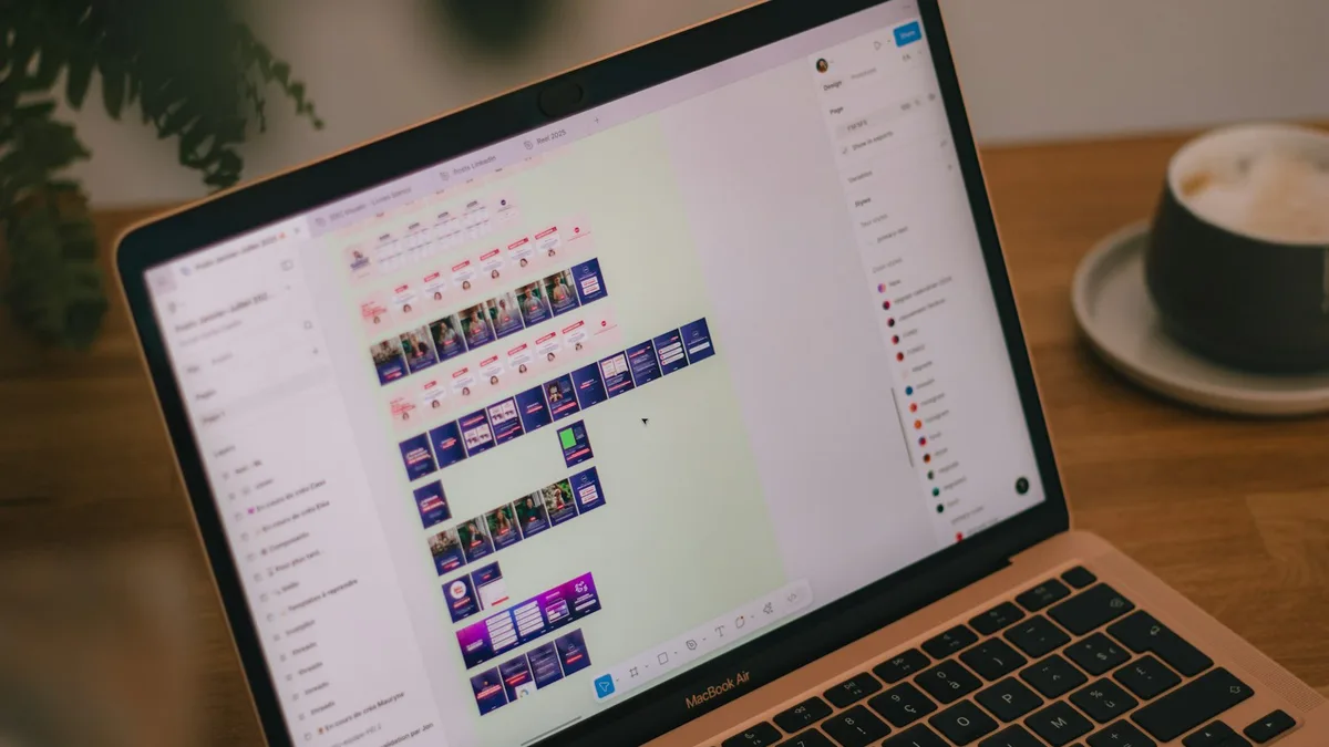 Laptop showing design and editing software on a creative desk