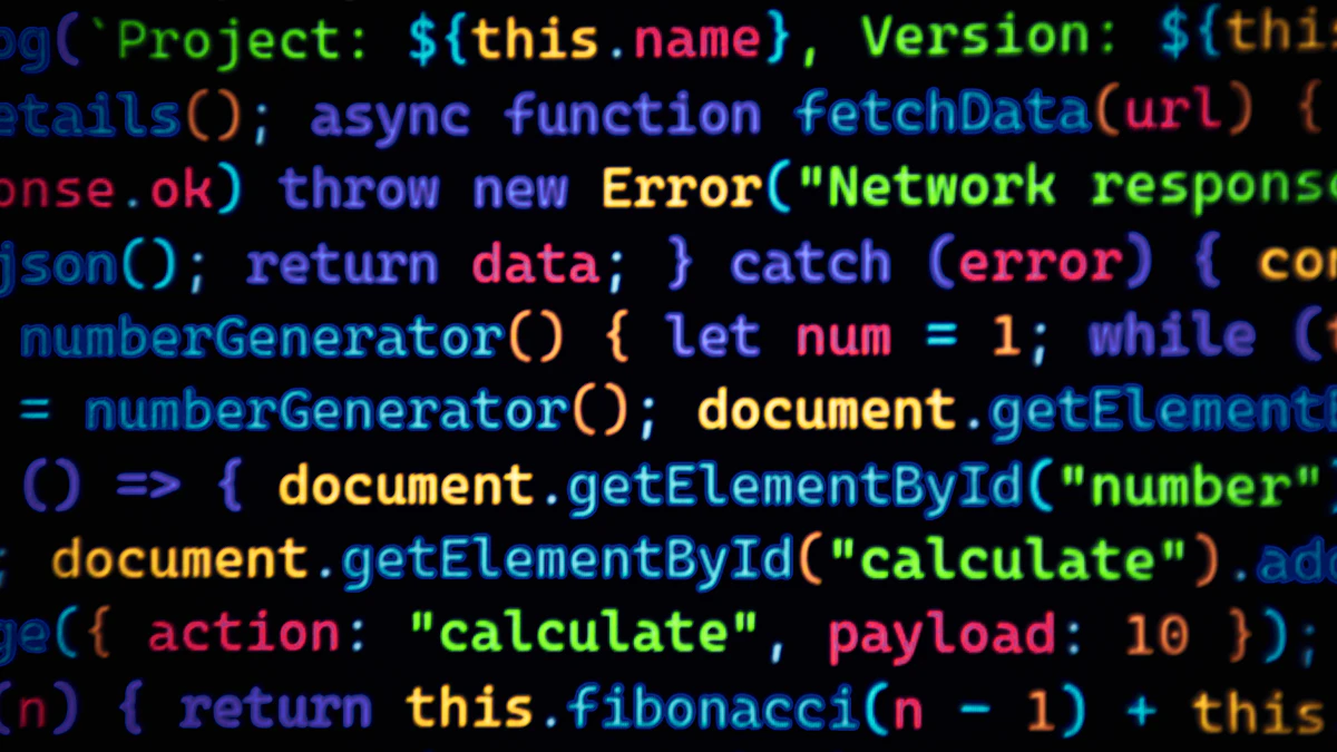 Colorful lines of code scrolling across a dark screen background