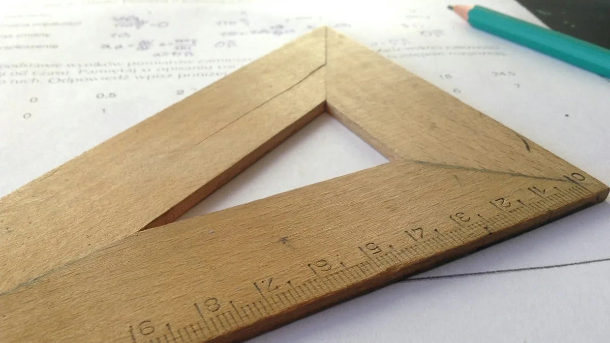 Brown wooden triangle ruler used for technical drawing and measurement