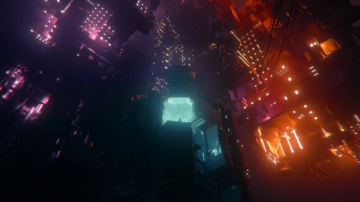 Futuristic city skyline at night glowing with neon lights against a dark sky