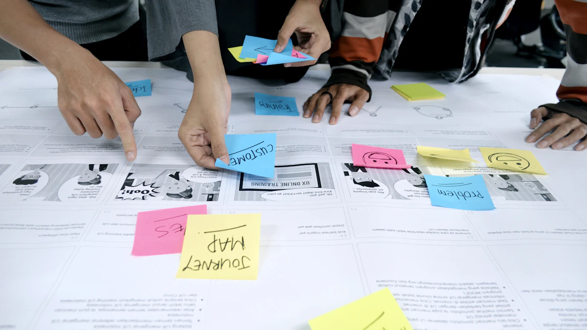 Team collaborating around a wall covered in colorful research sticky notes