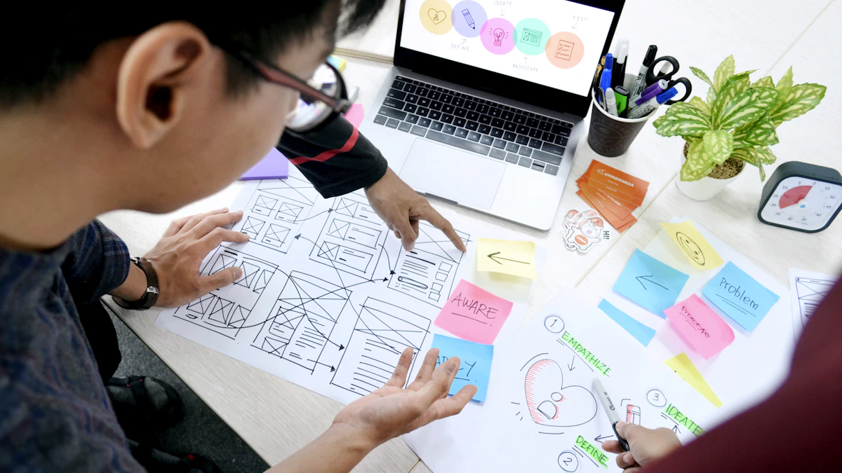 Designer sketching wireframes at a desk beside an open laptop