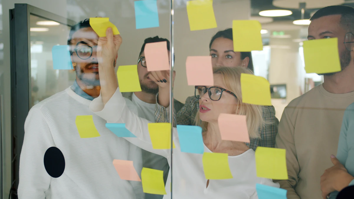 Team brainstorming a user journey with sticky notes on a glass wall
