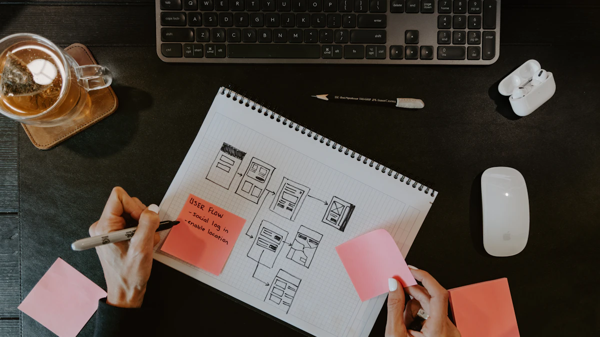 Designer sketching an app wireframe flow in a notebook beside a keyboard