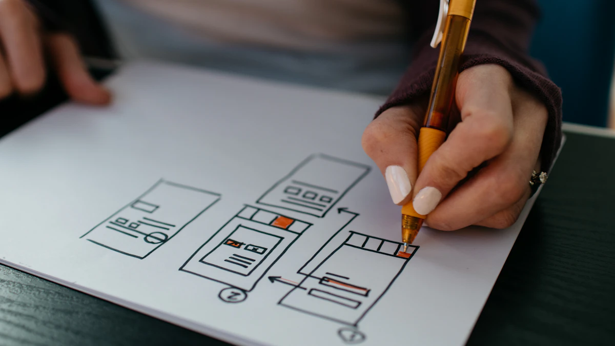 Hands sketching a low-fidelity interface wireframe with a yellow pen on paper