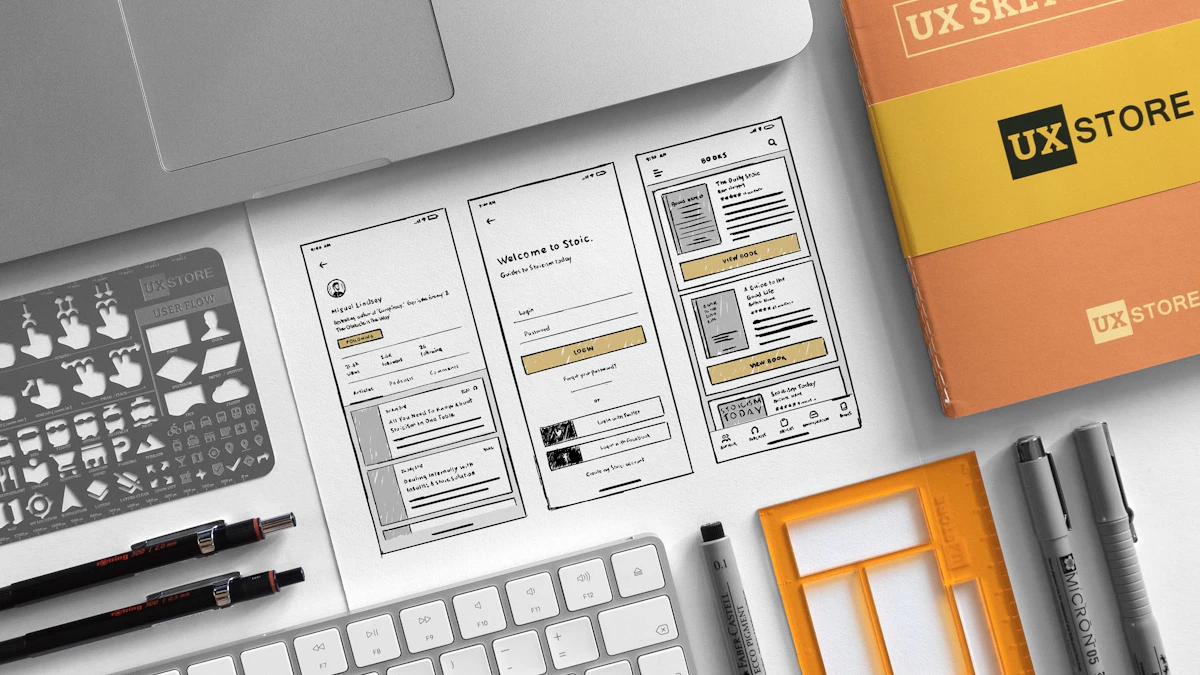 UX sketchbook with interface drawings resting beside a MacBook on a desk